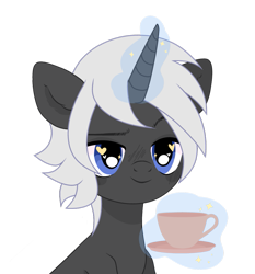 Size: 1007x1080 | Tagged: artist needed, safe, imported from derpibooru, oc, oc only, oc:silfrvind, pony, unicorn, blue eyes, bust, coffee cup, coffee mug, cup, glowing horn, gray mane, grey fur, heart eyes, hearts in eyes, horn, magic, magic aura, mug, portrait, simple background, solo, teacup, transparent background, unicorn oc, wingding eyes