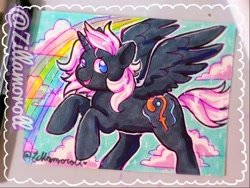 Size: 961x721 | Tagged: safe, artist:zillamoroll, imported from derpibooru, oc, oc:silfrvind, alicorn, pony, unicorn, alicorn oc, blue eyes, cutie mark, full body, gray mane, grey fur, horn, rainbow, traditional art, wings