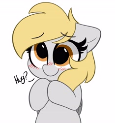 Size: 3838x4096 | Tagged: safe, artist:kittyrosie, imported from derpibooru, derpy hooves, pegasus, pony, blushing, bronybait, cute, daaaaaaaaaaaw, derpabetes, floppy ears, hug request, implied hug, kittyrosie is trying to murder us, simple background, solo, talking to viewer, this will end in hugs, weapons-grade cute, white background