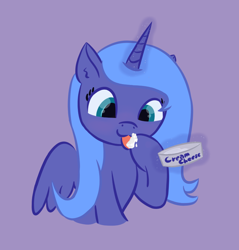 Size: 798x835 | Tagged: safe, artist:purblehoers, imported from derpibooru, princess luna, alicorn, pony, :3, cream cheese, eating, happy, hoof licking, hooves, licking, simple background, solo, tongue out