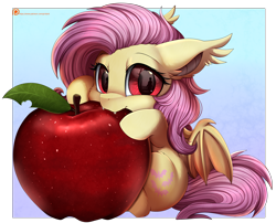 Size: 2494x2016 | Tagged: safe, artist:pridark, imported from derpibooru, fluttershy, bat pony, pony, apple, bat ponified, chibi, cute, cute little fangs, eye reflection, fangs, female, flutterbat, food, high res, leaf, looking at you, mare, nom, patreon, patreon reward, race swap, reflection, shyabates, shyabetes, solo, wings