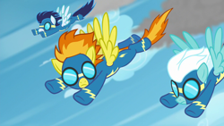 Size: 1280x720 | Tagged: safe, imported from derpibooru, screencap, fleetfoot, soarin', spitfire, pegasus, pony, friendship is magic, newbie dash, season 6, spoiler:s06, caption, clothes, cutie mark, fandom, female, flying, flying in the air, goggles, image macro, male, mare, monochrome, my little pony, photo, stallion, text, uniform, wikia, wings, wonderbolts, wonderbolts uniform