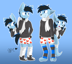 Size: 1485x1309 | Tagged: safe, artist:snuggleb4cuddle, imported from derpibooru, oc, oc only, oc:snuggles, anthro, pegasus, wolf, bandage, clothes, female, furry, gradient background, male, multeity, r63 paradox, rule 63, scarf, self paradox, socks, species swap, underwear