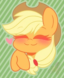 Size: 1010x1226 | Tagged: safe, artist:sakukitty, imported from derpibooru, applejack, earth pony, pony, :3, blushing, bust, cute, eyes closed, happy, heart, jackabetes, portrait, smiling, solo