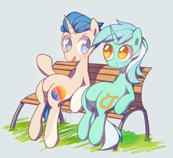 Size: 1472x1347 | Tagged: safe, artist:cherrnichka, imported from derpibooru, lyra heartstrings, oc, pony, unicorn, bench, duo, meme, oc name needed, sitting, sitting lyra