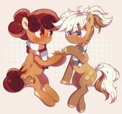 Size: 1911x1790 | Tagged: safe, artist:cherrnichka, artist:cherrnichka2, imported from derpibooru, oc, oc only, earth pony, pegasus, clothes, commission, cookie, cute, duo, food, freckles, hair accessory, ponytail, scarf, striped scarf, two toned wings, wings