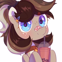 Size: 2160x2160 | Tagged: safe, artist:cherrnichka, artist:cherrnichka2, imported from derpibooru, oc, oc only, pony, bandaid on nose, bow, bubble tea, bust, collar, commission, drinking straw, freckles, hair accessory, hair bow, heart eyes, nose bandaid, pale belly, ponytail, simple background, solo, white background, wingding eyes