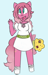 Size: 978x1501 | Tagged: safe, artist:leola-kittycorn, imported from derpibooru, pinkie pie (g3), anthro, both cutie marks, bouquet, clothes, dress, flower, g3, solo