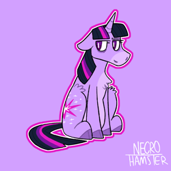 Size: 1280x1280 | Tagged: safe, artist:necro-hamster, imported from derpibooru, part of a set, twilight sparkle, pony, unicorn, chest fluff, cloven hooves, coat markings, facial markings, female, floppy ears, leg fluff, mare, outline, pale belly, purple background, redesign, simple background, snip (coat marking), solo, unamused, unicorn twilight
