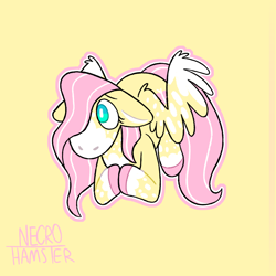 Size: 1280x1280 | Tagged: safe, artist:necro-hamster, imported from derpibooru, part of a set, fluttershy, pegasus, pony, cute, female, floppy ears, hooves together, mare, outline, redesign, shyabetes, simple background, solo, yellow background