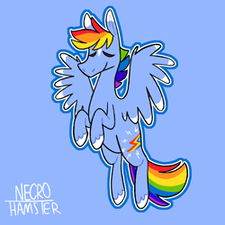Size: 1280x1280 | Tagged: safe, artist:necro-hamster, imported from derpibooru, part of a set, rainbow dash, pegasus, pony, blue background, colored wings, colored wingtips, eyes closed, female, mare, outline, redesign, simple background, smiling, solo, wings