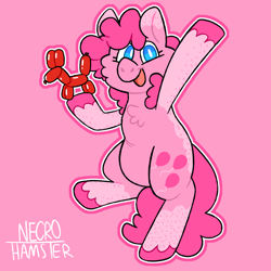 Size: 1280x1280 | Tagged: safe, artist:necro-hamster, imported from derpibooru, part of a set, pinkie pie, earth pony, pony, balloon, balloon animal, cheek fluff, chest fluff, female, mare, outline, pink background, plump, redesign, simple background, smiling, solo, standing, standing on one leg