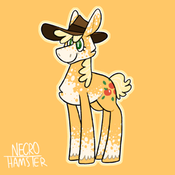 Size: 1280x1280 | Tagged: safe, artist:necro-hamster, imported from derpibooru, part of a set, applejack, earth pony, pony, coat markings, dappled, female, hat, mare, orange background, outline, pale belly, redesign, simple background, smiling, solo