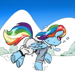 Size: 2000x2000 | Tagged: safe, artist:frecklesfanatic, imported from derpibooru, imported from ponybooru, rainbow dash, pegasus, female, mare, running, snow, sweat, tracksuit