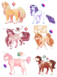 Size: 3674x4912 | Tagged: safe, artist:uunicornicc, imported from derpibooru, applejack, rarity, oc, oc:apple chip, oc:butterscotch, oc:heart stitcher, oc:mint chiffon, earth pony, pony, unicorn, agender pride flag, bisexual pride flag, female, lesbian, lesbian pride flag, magical lesbian spawn, male, mare, offspring, pansexual pride flag, parent:applejack, parent:rarity, parents:rarijack, pride, pride flag, rarijack, shipping, stallion