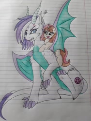 Size: 1224x1632 | Tagged: safe, artist:theumbramistress, imported from derpibooru, oc, oc:amethyst, oc:glitzy glow, dracony, dragon, hybrid, pony, unicorn, cousins, duo, female, filly, hug, interspecies offspring, lined paper, offspring, parent:button mash, parent:rarity, parent:spike, parent:sweetie belle, parents:sparity, parents:sweetiemash, traditional art