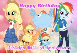 Size: 1774x1221 | Tagged: safe, imported from derpibooru, applejack, rainbow dash, earth pony, pegasus, pony, equestria girls, equestria girls series, my little pony: pony life, anniversary, ashleigh ball, clothes, female, g4.5, geode of super speed, geode of super strength, happy birthday, inflation, magical geodes, mare, one eye closed, pony life, rainblimp dash, wink