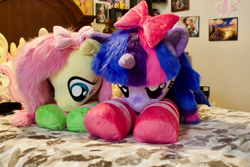 Size: 1800x1200 | Tagged: safe, artist:fluttershyhiker, artist:natureshy, artist:qtpony, imported from derpibooru, fluttershy, twilight sparkle, pony, clothes, irl, lying down, photo, plushie, prone, socks, striped socks