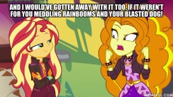 Size: 600x337 | Tagged: safe, edit, edited screencap, imported from derpibooru, screencap, adagio dazzle, sunset shimmer, equestria girls, equestria girls series, sunset's backstage pass!, spoiler:eqg series (season 2), caption, image macro, memeful.com, scooby doo, smugset shimmer, text