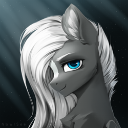 Size: 2000x2000 | Tagged: safe, artist:inowiseei, imported from derpibooru, oc, oc only, oc:sacred blade, pegasus, pony, blaze (coat marking), blue eyes, bust, chest fluff, coat markings, commission, dark background, ear fluff, facial markings, gradient background, hair over one eye, looking at you, male, portrait, sitting, smiling, solo