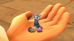 Size: 3840x2160 | Tagged: safe, artist:ndelngin, derpibooru exclusive, imported from derpibooru, maud pie, earth pony, human, pony, 3d, clothes, female, fingers, hand, high res, in goliath's palm, looking up, micro, rock, sitting, size difference, small pony, source filmmaker, tiny