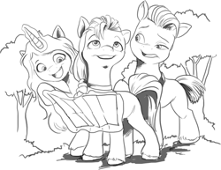 Size: 1092x843 | Tagged: safe, artist:nauyaco, imported from derpibooru, hitch trailblazer, izzy moonbow, sunny starscout, earth pony, pegasus, pony, unicorn, spoiler:g5, female, g5, glowing horn, horn, magic, magic aura, male, map, mare, monochrome, stallion, trio