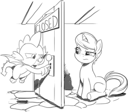 Size: 1169x1023 | Tagged: safe, artist:nauyaco, imported from derpibooru, spike, oc, dragon, pony, unicorn, door, lockpicking, monochrome, unamused, winged spike, wings