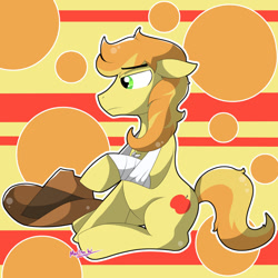 Size: 1024x1024 | Tagged: safe, artist:organizednubmarilyn, imported from derpibooru, braeburn, earth pony, pony, abstract background, bandage, eyes open, hat, sad