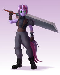 Size: 3535x4410 | Tagged: safe, artist:starshade, imported from derpibooru, oc, oc only, oc:twilight garrison, anthro, unicorn, 2021, cloud strife, commission, female, final fantasy, final fantasy vii, heart, heart eyes, lightly watermarked, mare, simple background, solo, sword, watermark, weapon, wingding eyes