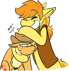 Size: 620x640 | Tagged: safe, artist:mlp-trinary, artist:noveltmods, imported from derpibooru, applejack, braeburn, applejack is not amused, braebetes, cousins, cute, ear fluff, eye clipping through hair, grin, noogie, simple background, smiling, unamused, white background