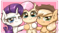 Size: 1286x736 | Tagged: safe, artist:phoenixrk49, imported from derpibooru, applejack, fluttershy, rarity, earth pony, pegasus, pony, unicorn, blushing, cheek fluff, chest fluff, chibi, ear fluff