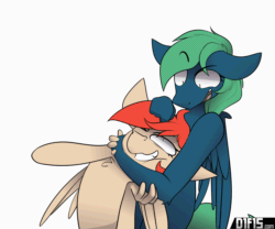 Size: 3000x2500 | Tagged: safe, artist:difis, imported from derpibooru, oc, oc:emerald, oc:firefly, anthro, pegasus, animated, couple, cute, female, gif, mare, noogie