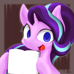 Size: 2500x2500 | Tagged: safe, artist:zemlya, imported from derpibooru, starlight glimmer, pony, unicorn, book, open mouth, open smile, smiling, solo