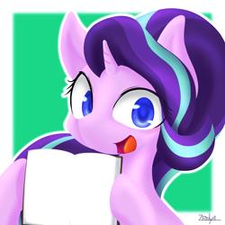 Size: 2500x2500 | Tagged: safe, alternate version, artist:zemlya, imported from derpibooru, starlight glimmer, pony, unicorn, book, open mouth, smiling, solo