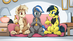 Size: 2560x1440 | Tagged: safe, artist:mysticalpha, derpibooru exclusive, imported from derpibooru, part of a set, oc, oc only, oc:cloud zapper, oc:ruby rustfeather, oc:tinkerwing, pegasus, pony, bottle, chest fluff, commission, couch, drinking, female, folded wings, grin, hoof hold, husband and wife, indoors, male, mare, sitting, smiling, stallion, trio, underhoof, wings