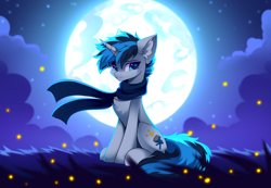 Size: 5000x3453 | Tagged: safe, artist:airiniblock, imported from derpibooru, oc, oc only, oc:solar gizmo, firefly (insect), insect, pony, unicorn, chest fluff, clothes, horn, moon, night, rcf community, scarf, solo, unicorn oc