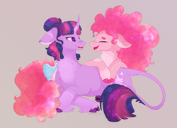 Size: 3036x2200 | Tagged: safe, artist:nyota71, imported from derpibooru, pinkie pie, twilight sparkle, earth pony, pony, unicorn, body markings, bow, chest fluff, colored hooves, curved horn, ear fluff, female, floppy ears, hair bun, horn, laughing, leonine tail, lesbian, mare, redesign, shipping, simple background, spots, tail bow, twinkie, unicorn twilight, unshorn fetlocks