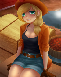 Size: 1280x1600 | Tagged: safe, artist:cjemnaa, imported from derpibooru, applejack, human, apple, breasts, bucket, busty applejack, cleavage, female, food, hay bale, humanized, solo