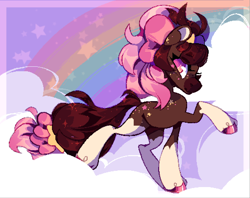 Size: 2040x1612 | Tagged: safe, artist:nebulanovia, imported from derpibooru, oc, oc only, oc:fae starspell, earth pony, pony, bow, cloud, looking at you, pixel art, rainbow, solo, tail bow