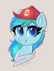 Size: 1165x1531 | Tagged: safe, artist:confetticakez, imported from derpibooru, oc, oc only, oc:stormy waters, pony, bust, firefighter, firefighter helmet, hat, helmet, looking at you, smiling