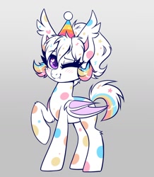 Size: 1388x1593 | Tagged: safe, artist:confetticakez, imported from derpibooru, oc, oc only, oc:confetti cupcake, bat pony, pony, hat, looking at you, one eye closed, party hat, smiling, solo, spots, wink