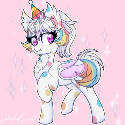 Size: 900x900 | Tagged: safe, artist:splashofsweet, imported from derpibooru, oc, oc only, oc:confetti cupcake, bat pony, pony, chest fluff, fangs, hat, party hat, smiling, solo, spots