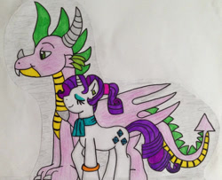 Size: 993x805 | Tagged: safe, artist:dragonpriness, imported from derpibooru, rarity, spike, alicorn, dragon, earth pony, pony, unicorn, female, male, older, older spike, shipping, sparity, straight, traditional art