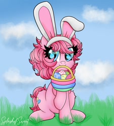 Size: 900x1000 | Tagged: safe, artist:splashofsweet, imported from derpibooru, pinkie pie, earth pony, pony, alternate hairstyle, basket, bunny ears, cute, easter, easter egg, holiday, mouth hold, smiling, solo