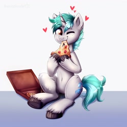 Size: 3980x4000 | Tagged: safe, artist:confetticakez, imported from derpibooru, oc, oc only, pony, unicorn, eating, food, heart, looking at you, one eye closed, pizza, smiling, solo, underhoof