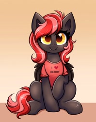 Size: 2378x3000 | Tagged: safe, artist:confetticakez, imported from derpibooru, oc, oc only, oc:strawberry stylus, bat pony, pony, clothes, fangs, looking at you, shirt, smiling, solo