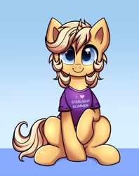 Size: 2378x3000 | Tagged: safe, artist:confetticakez, imported from derpibooru, oc, oc only, oc:sunlight bolt, pony, unicorn, clothes, looking at you, shirt, smiling, solo