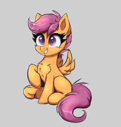 Size: 1913x2000 | Tagged: safe, artist:confetticakez, imported from derpibooru, scootaloo, pegasus, pony, chest fluff, cute, cutealoo, feathered wings, female, filly, frog (hoof), gray background, happy, hoofbutt, simple background, sitting, sketch, smiling, solo, spread wings, sweet dreams fuel, underhoof, wings
