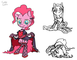 Size: 2284x1768 | Tagged: safe, artist:saltycube, derpibooru exclusive, imported from derpibooru, pinkie pie, earth pony, pony, bipedal, clothes, dress, female, fishnets, looking at you, lying down, mare, pinkamena diane pie, ribbon, simple background, sitting, sketch, solo, standing, white background