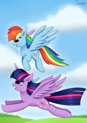 Size: 2480x3507 | Tagged: safe, artist:twidasher, imported from derpibooru, rainbow dash, twilight sparkle, alicorn, pegasus, pony, cloud, duo, feather, female, flying, lesbian, looking at each other, mare, shipping, signature, sky, twidash, twilight sparkle (alicorn)